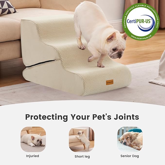 Gardner Pet Dog Stairs for Small Dogs 16.5" H, 2 in 1 Transformable 3-Step Pet Stairs and Dog Ramp for Couch (13-20 in), Beige Adjustable Pet Steps with Non-Slip Waterproof Cover and CertiPUR-US Foam-PawvioPets