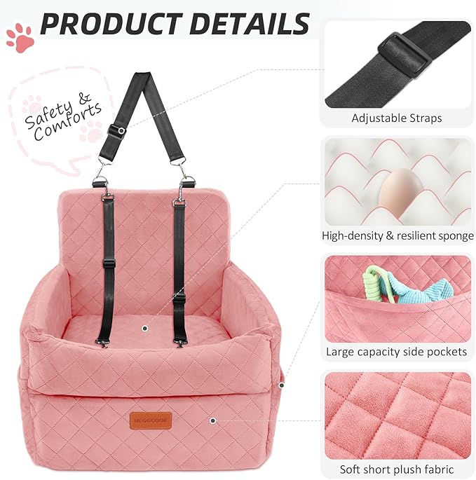 Dog Car Seat for Small Medium Dogs, Memory Foam Puppy Dog Booster Seat with Thick Cushion for Dogs Under 35lbs, Detachable Washable Pet Car Seat Travel Bed with Storage Pockets,2 Safety Belts-PawvioPets