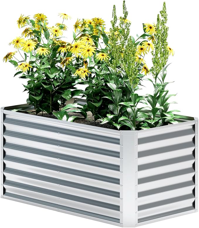 EKX 4x2x2FT Galvanized Raised Garden Bed, Raised Garden Bed Kit-Metal Planter Box Outdoor,Planting for Vegetables, Fruits,Herbs, Flowers-Slive-PawvioPets