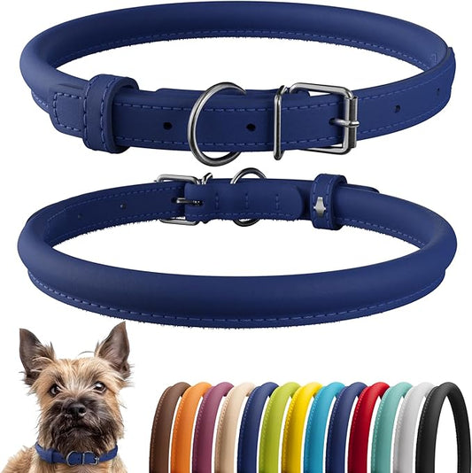 CollarDirect Rolled Leather Dog Collar, Soft Padded Round Puppy Collar, Handmade Genuine Leather Collar Dog Small Large Cat Collars 13 Colors (8-11 Inch, Deep Blue Smooth)-PawvioPets