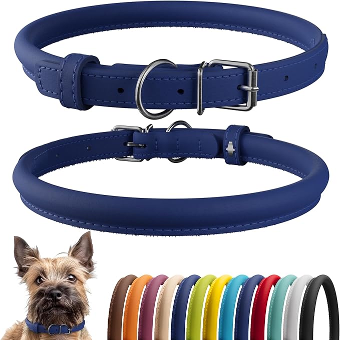 CollarDirect Rolled Leather Dog Collar, Soft Padded Round Puppy Collar, Handmade Genuine Leather Collar Dog Small Large Cat Collars 13 Colors (6 Inch, Deep Blue Smooth)-PawvioPets