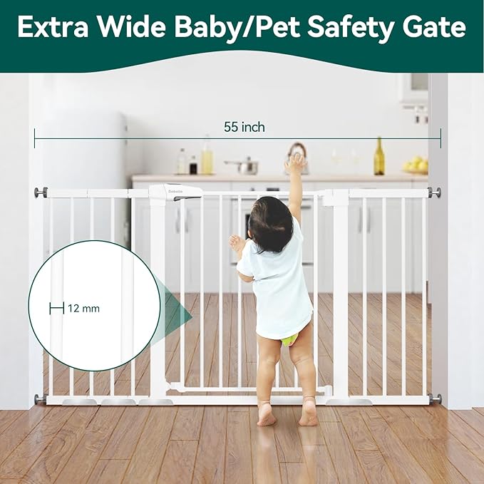 BABELIO 29-55 Inch Extra Wide Baby/Dog Gate, Metal Auto Close, Pressure Mounted Pet Door for Doorways, NO Need Tools and Drilling, with Wall Cups, White-PawvioPets