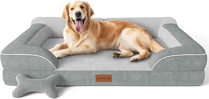 Extra Large Dog Bed, Orthopedic Dog Bed with Cooling Gel Memory Foam, Waterproof XL Pet Bed with Removable Washable Cover, 42" Pet Sofa Couch Dutch Velvet with Bone Toy, Light Gray-PawvioPets