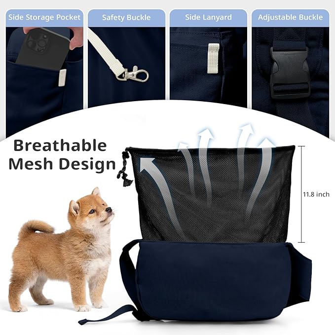 Dog Sling Carrier for Small Dogs and Cats, Lightweight Collapsible Pet Travel Bag with Adjustable Strap, Side Pockets & Breathable Mesh (Navy Blue, 15.7" L x 5.9" W x 8.6" H)-PawvioPets