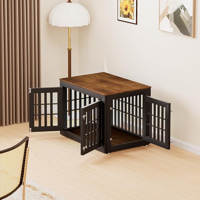 38" Heavy Duty Dog Crate Furniture for Small,Medium and Large Dogs,Rustic Wooden Dog Cage Kennel Indoor Furniture with Waterproof Top,Decorative Pet House Side End Table (Black & Wood)-PawvioPets