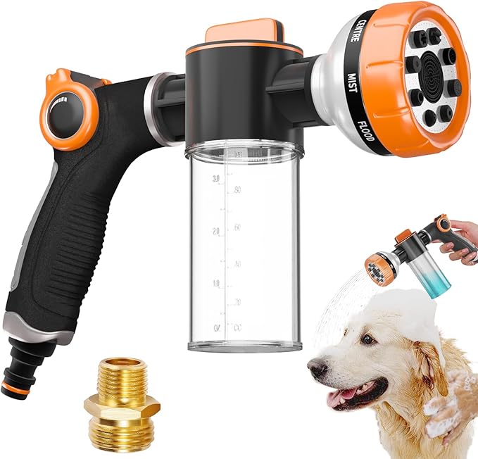 Dog Washing Hose Attachment, Pet Shower, Upgrade 8-in-1 Mode Dog Shower Attachment with 3.5oz 100cc Soap Dispenser, Replacement Hose Adapter for Pet Washing Irrigated Lawn Patio Car Cleaning-PawvioPets