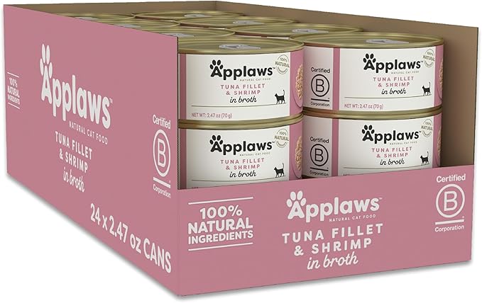 Applaws Natural Wet Cat Food, 24 Count, Limited Ingredient Canned Wet Cat Food, Tuna with Shrimp in Broth, 2.47oz Cans-PawvioPets