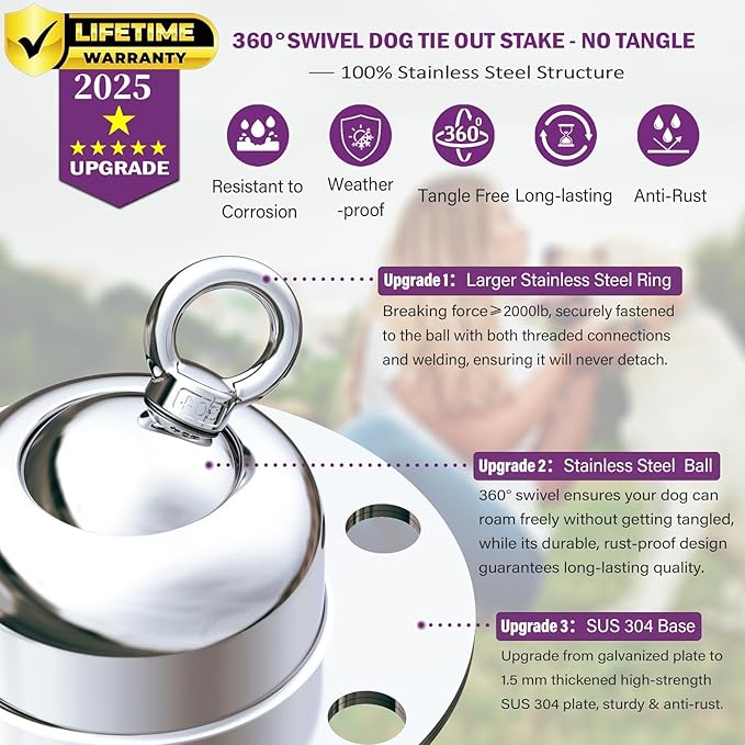 360° Swivel Dog Tie Out Cable and Stake - 2025 Upgrad Stainless Steel Dog Stake Dog Anchor for Small to Large Dogs - No Tangle Reflective Run Cable for Yard (Silver 10 ft Cable)-PawvioPets