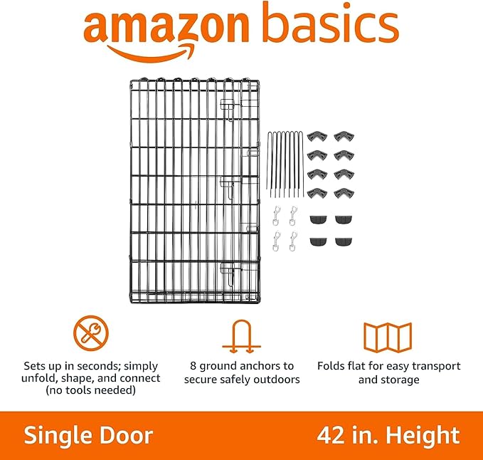 Amazon Basics Foldable Octagonal Metal Exercise Dog Playpen - Indoor/Outdoor, Single Door, Large (8 Panels, 24 x 42), Easy to assemble and store, 42" - Large, Black-PawvioPets