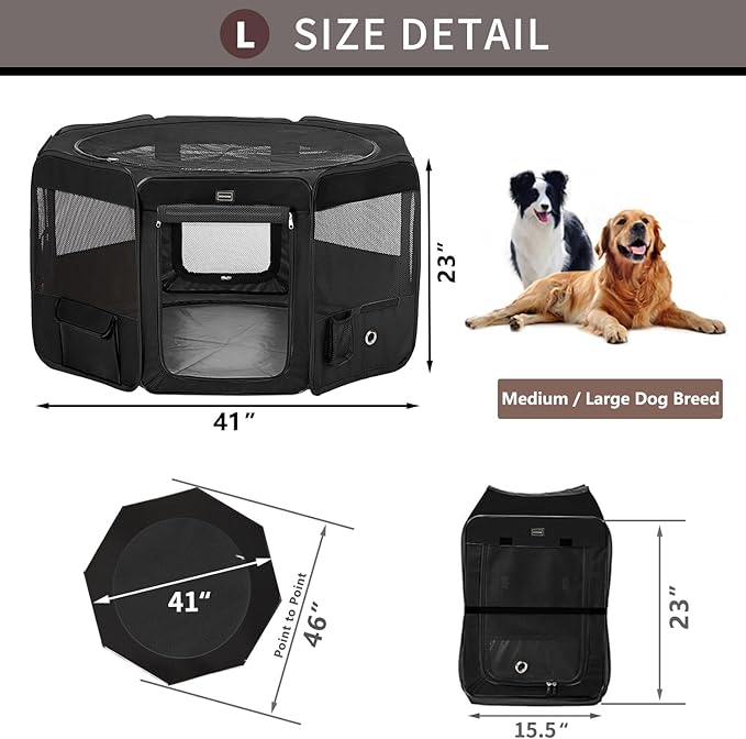 DONORO Dog Playpen Portable Pet Play Pens for Small Dog/Cat/Rabbit/Chicks, Cat Playpen Indoor/Outdoor with Carring Case, Removable Zipper Top and Bottom (Black, Large (46"x46"x23"), 8)-PawvioPets