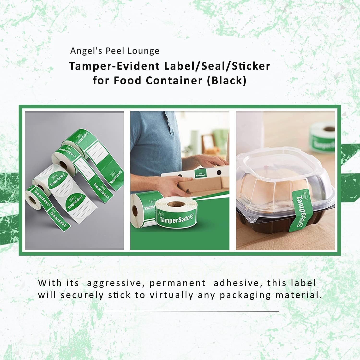 Angel's Peel Lounge Tamper Proof Stickers Roll — Tamper Evident Stickers for Containers, Cups, Delivery Bags, Drink Lids, Writable Seal Tape, Self Adhesive Food Labels - 1x3in 250-COUNTS, Green