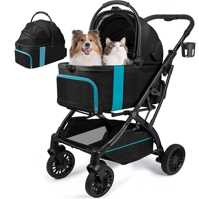 Dog Stroller, Cat Strollers, 5-in-1 Pet Stroller with Detachable Waterproof Carrier for Small/Medium Dogs Cats up to 55lbs, All-in-One Fold Without Detaching Carrier for Dogs Cats 10 lbs to 55 lbs-PawvioPets