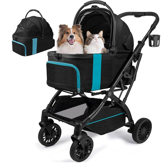 Dog Stroller, Cat Strollers, 5-in-1 Pet Stroller with Detachable Waterproof Carrier for Small/Medium Dogs Cats up to 55lbs, All-in-One Fold Without Detaching Carrier for Dogs Cats 10 lbs to 55 lbs-PawvioPets