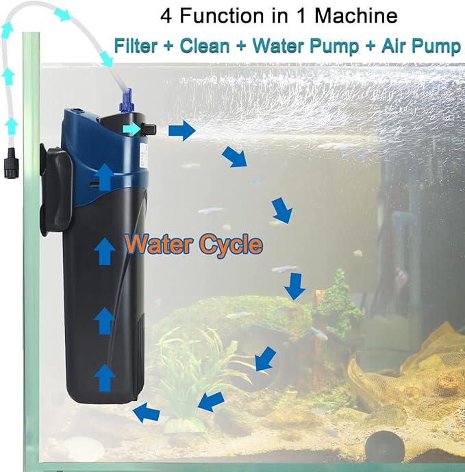 COOSPIDER Fish Tank Filter Sun JUP-02 Aquarium Green Clean Submersible Machine 132gph for 10-40 Gallon Small Fish Tank Internal Submersible Pump for Turtle Tank, Air Supply & Oxygen Enhancement-PawvioPets