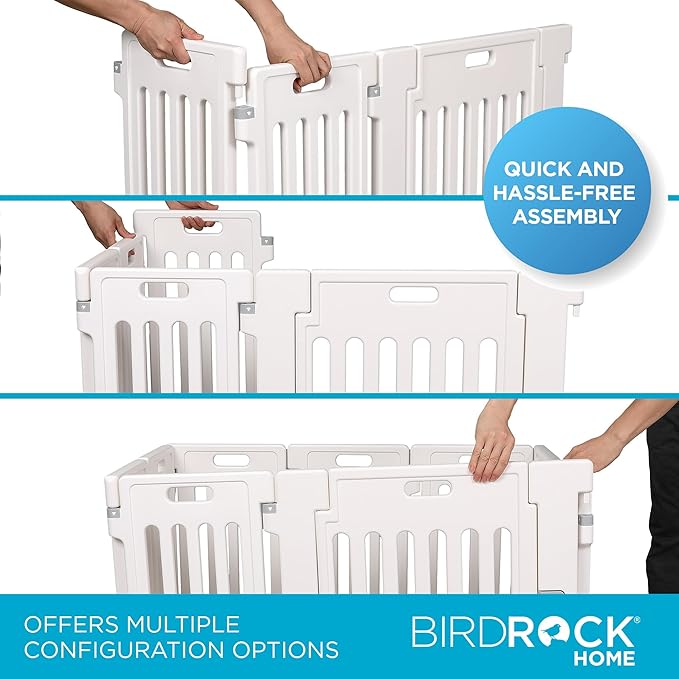 BIRDROCK HOME Dog Playpen w/Door, 8 Panel, 25.6in H | Strong Plastic, Non-Slip Puppy Playpen, Secure Pet Gate | Indoor Outdoor Fence | Configurable Panels | Small Pets - White-PawvioPets