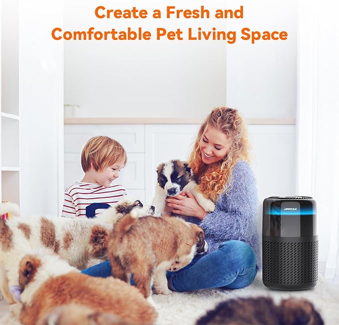 AIRROMI Air Purifier for Bedroom Home,HEPA Filter,Covers Upto 549 Ft²,Quiet 360°intake Air Cleaner with Fragrance ponge for Better Sleep,Night Light,Filters Smoke,Pet Dander,Allergies,Dust,A2005 Black-PawvioPets