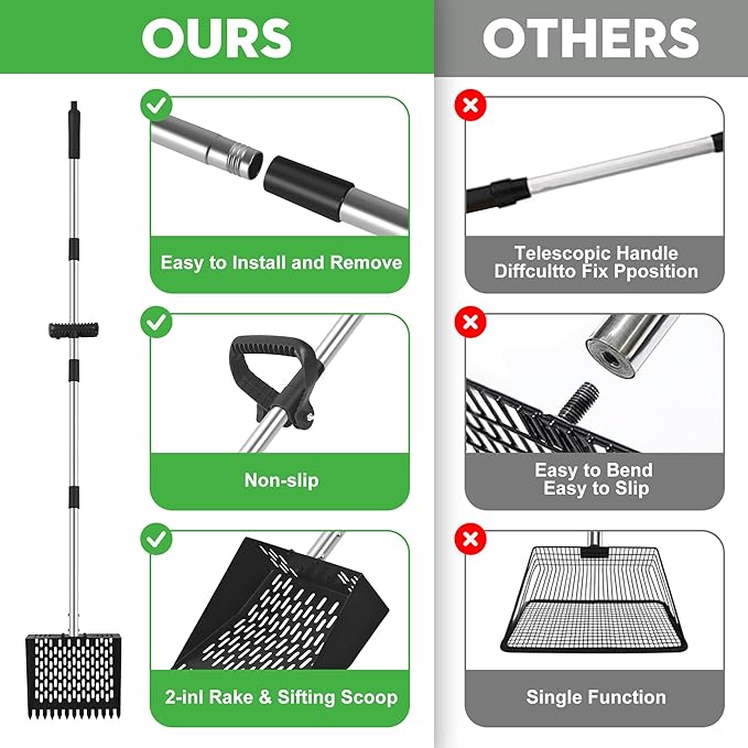 2-in-1 Chicken Poop Scooper & Rake - Adjustable Chicken Coop Scoop with Handle（39、53、67 in），Stainless Steel Shovel Head- Litter Scooper Sand & Sifting Shovel for Chicken Coops-PawvioPets