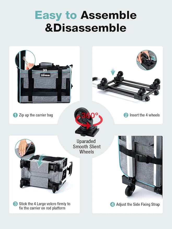 Dog Cat Carrier with Wheels, Airline Approved Pet Carrier for Cats Dogs 15lbs 20 lbs with Double-Sided Mat, Safety Leash and Shoulder Strap, Grey-PawvioPets