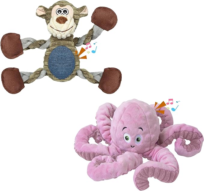 2Pack Dog Toys for Large Dog - Plush Squeaky Medium & Small Dog Toys - Stuffed Animals Puppy Toys - (Monkey+Octopus Pink)-PawvioPets