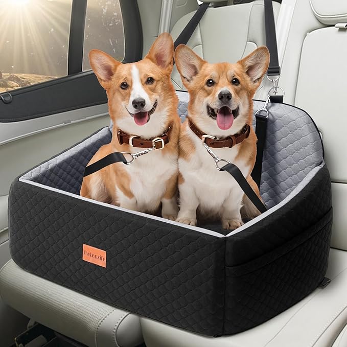 Dog Car Seat for Large Medium Dogs, Pet Car Seat Under 55 lbs or 2 Puppies, Removable Washable Pets Travel Booster Bed for Automotive Backseat with Comfy Thick Cushion, 2 Safety Leashes(Black/Gray)-PawvioPets