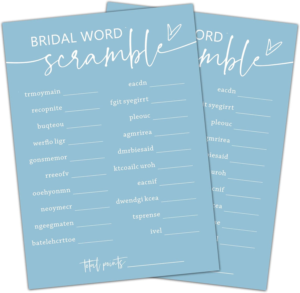 Minimalist Bridal Shower Games, 30 Light Blue Bridal Word Scramble Cards + 1 Answer Card, Wedding Bachelorette Engagement Party Supplies - A16