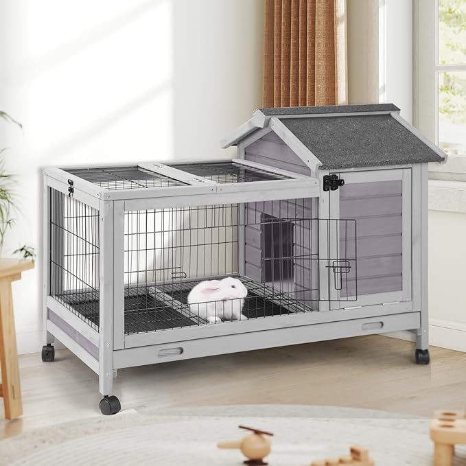 AIVITUVIN Rabbit Hutch Indoor with Wire Rabbit Cage Outdoor Bunny Cage with Run Guinea Pig Cage Leakproof Pull Out Tray-PawvioPets