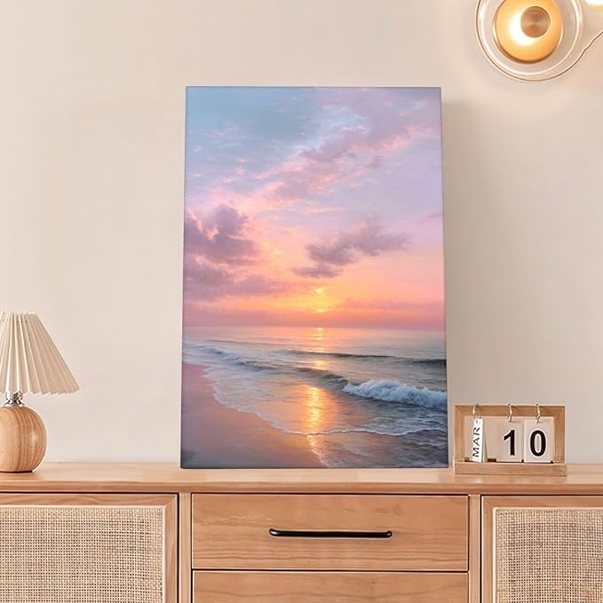 Beach Sunset Wall Art Ocean Coastal Scenery Wall Decor Seascape Picture Canvas Landscape Painting Print Framed Artwork Decorations for Living Room Office Bedroom Kitchen 16"x24"-PawvioPets