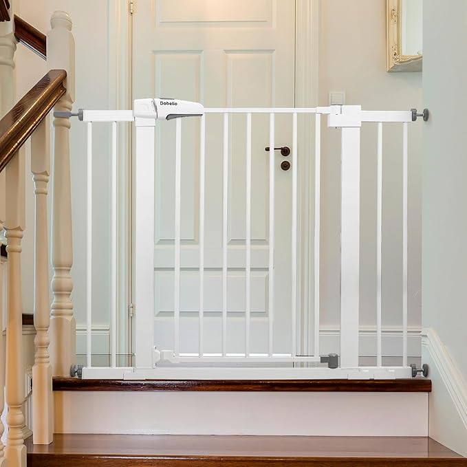 Babelio Metal Baby Gate, 29-43" Auto Close Easy Install Pet Gate, Extra Wide Walk Thru Child Safety Gate, 30" Tall Pressure Mounted Dog Gate for Doorways & Stairs, White-PawvioPets
