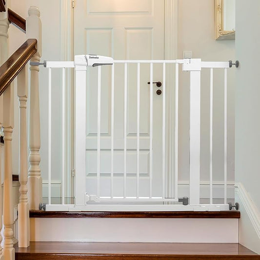 Babelio Metal Baby Gate, 29-43" Auto Close Easy Install Pet Gate, Extra Wide Walk Thru Child Safety Gate, 30" Tall Pressure Mounted Dog Gate for Doorways & Stairs, White-PawvioPets