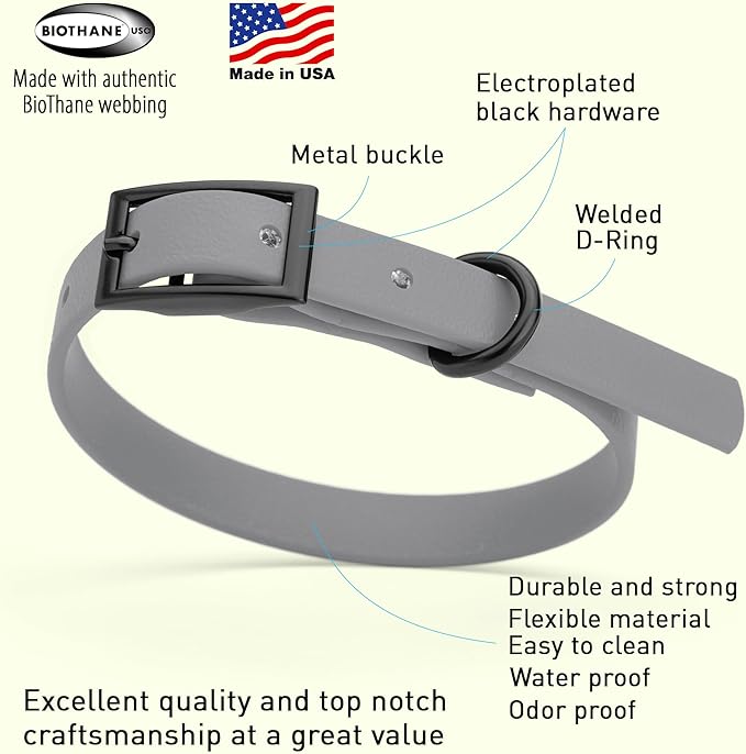 Dogline Biothane Waterproof Dog Collar Strong Coated Nylon Webbing with Black Hardware Odor- Proof for Easy Care Easy to Clean High Performance Fits Small Medium or Large Dogs, Battleship Gray-PawvioPets