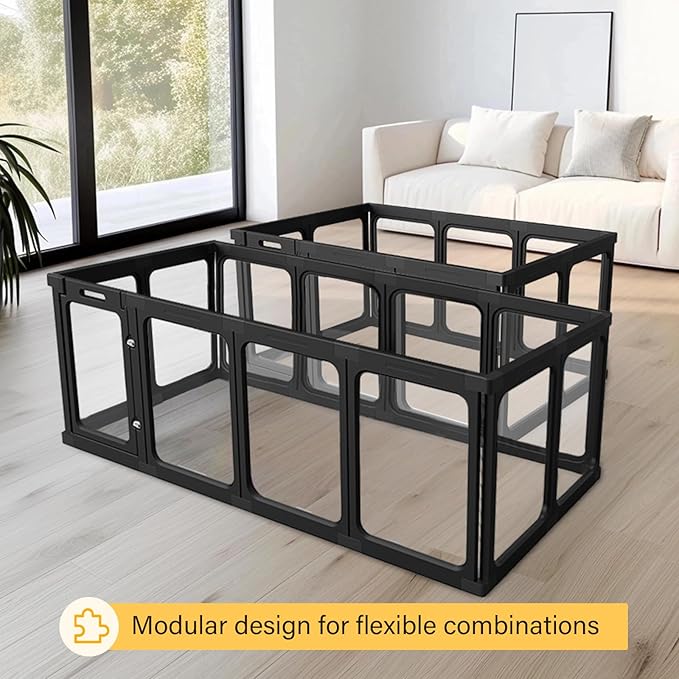 Acrylic Clear Dog Play Pen Indoor, Plastic Puppy Playpen with Door, Clear PlayPen for Dog Cat Rabbit Ferret, Easy Assemble Pen, Preferable Small Cage, 23.6" H, 10PCS, Black-PawvioPets