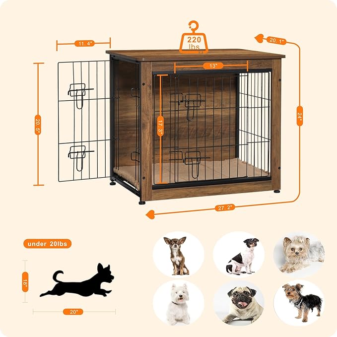 DWANTON Dog Crate Furniture with Cushion, Wooden Kennel Table with Double Doors, Indoor Dog House, Small/Medium/Large Size, 27.2" L, Warm Brown-PawvioPets