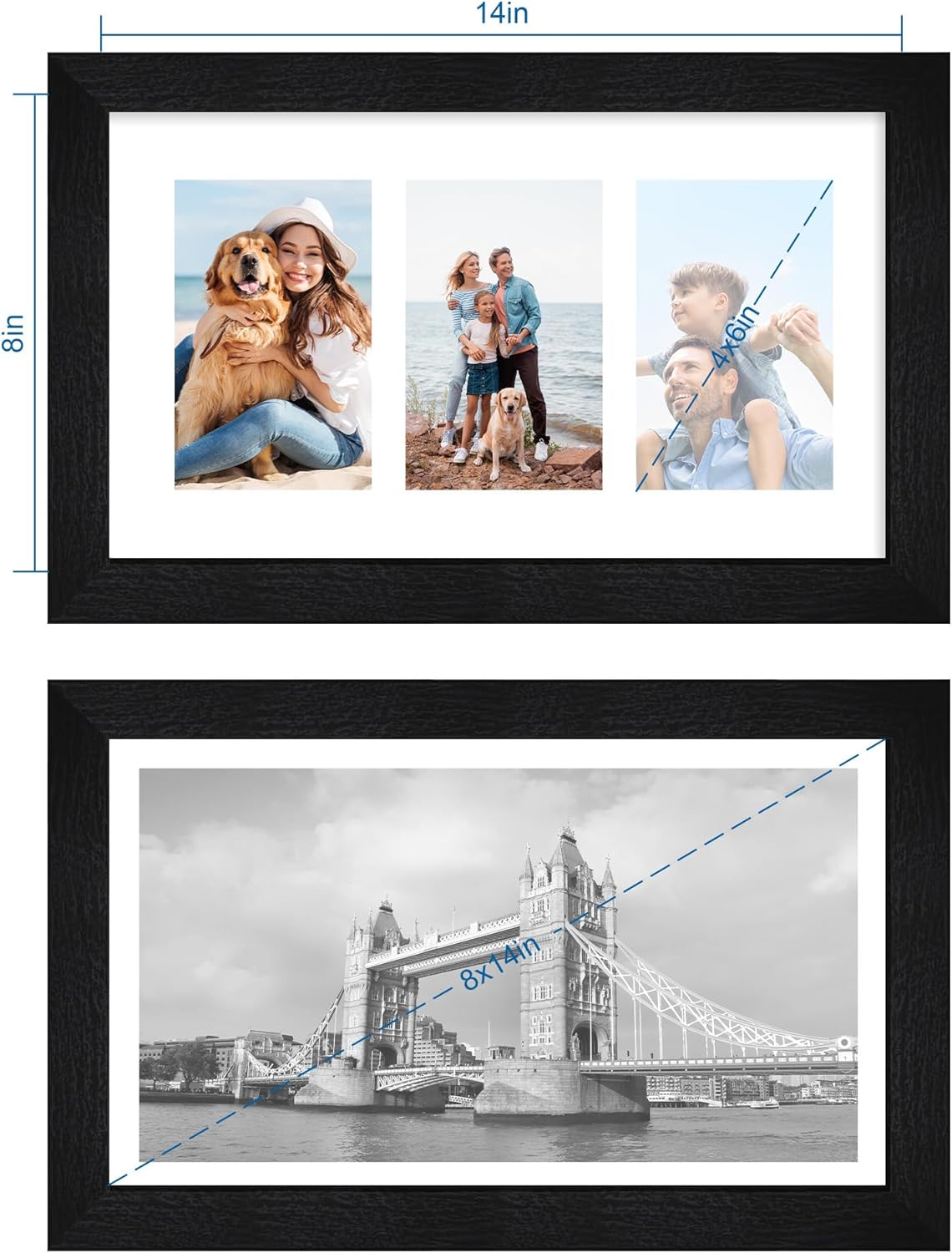 8x14 Picture Frame Set of 2, Rustic Black Wood Frame with Glass Collage Frame, Display Pictures 3-4x6 With Mat or 8 x 14 Without Mat - Horizontal or Vertical Wall Mounting