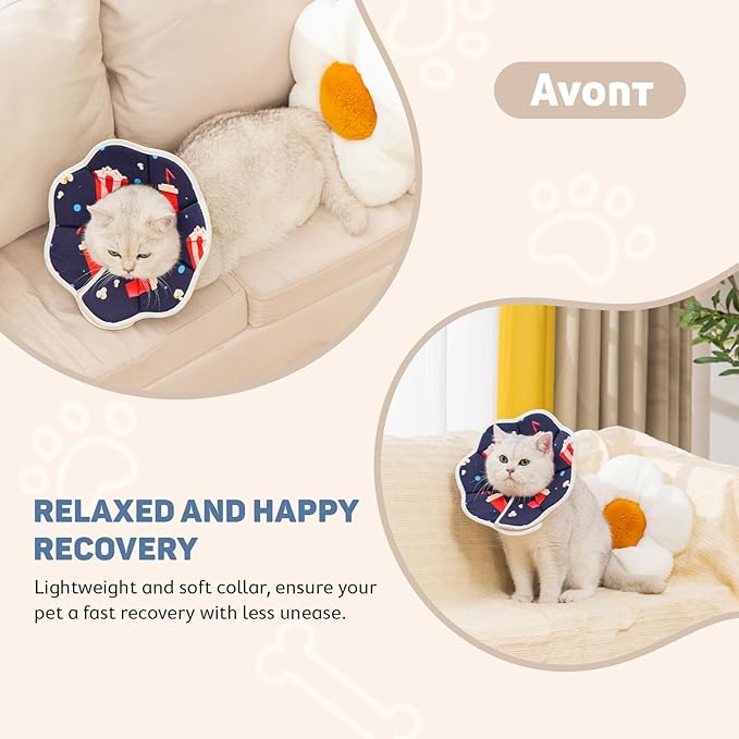 Avont Soft Cat Recovery Cone Collar, Adjustable Lightweight Kitten E-Collar for Small Dogs, Comfortable Neck Donut Stop Licking Scratching After Surgery -Popcorn(M)-PawvioPets