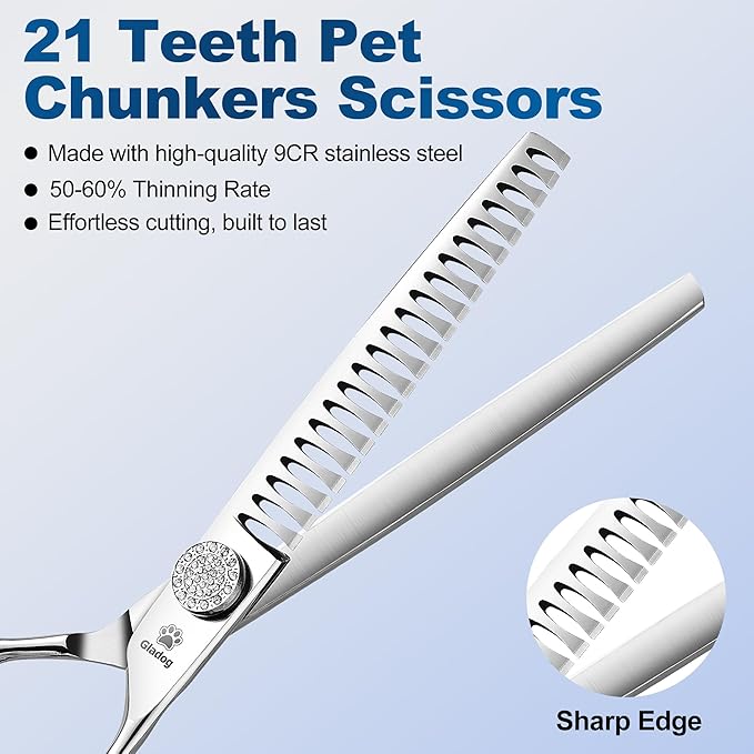 GLADOG 7" Chunkers Dog Grooming Scissors - Premium 9CR Dog Scissors for Grooming with Luxurious Diamond Nut，Ideal Dogs Shears for Reducing Bulk, Dogs Hair Scissor，Cat Scissor-PawvioPets