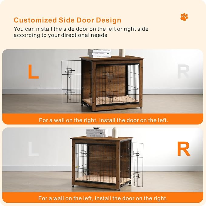 DWANTON Dog Crate Furniture with Cushion, Wooden Kennel Table with Double Doors, Indoor Dog House, Small/Medium/Large Size, 27.2" L, Warm Brown-PawvioPets
