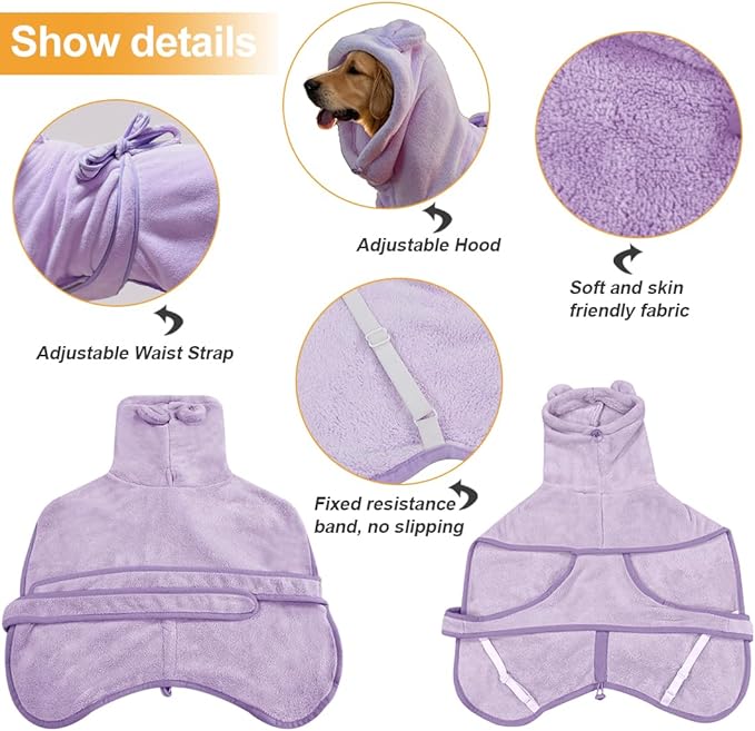 Giant Dog Bath Bubble, Quick Drying Super Absorbent Used for After Bathing, Warm Dog Towels, Adjustable Hoodies and Belts for Pet Dogs Bath Clothes Products(Purple, 6XL)-PawvioPets