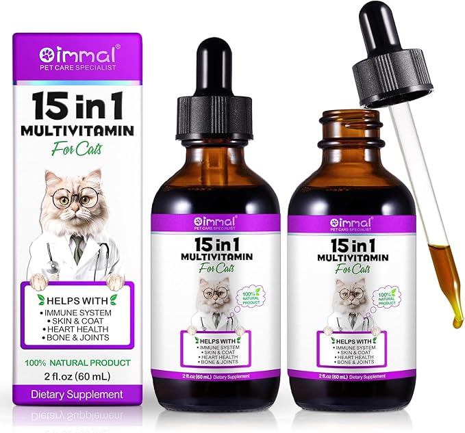 15-in-1 Multivitamin Drops for Cats - Immune Support, Skin & Coat Health, Digestion, Joint Care - with Vitamins A, B, C, D, E - Liquid Supplement for All Life Stages, 2 fl.oz/60ml, 2 Pack-PawvioPets