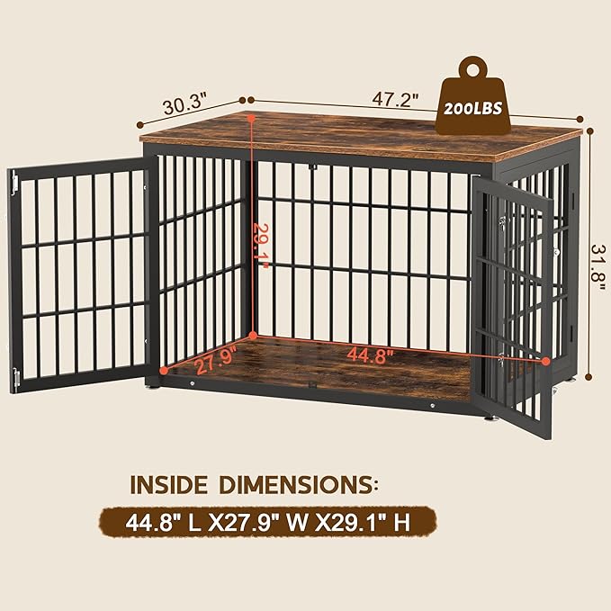 48 Inch Rustic Heavy Duty Dog Crate Furniture for Extra Large Dogs, Decorative Pet House End Table, Wooden Cage Kennel Furniture Indoor, Black and Brown-PawvioPets