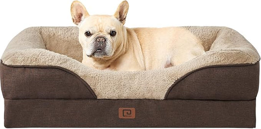 EHEYCIGA Memory Foam Dog Bed for Medium Size, Orthopedic Dog Sofa with Sides and Waterproof Liner, Washable Bolster Pet Bed Couch with Removable Cover, 30x20x6.5 Inch, Brown-PawvioPets
