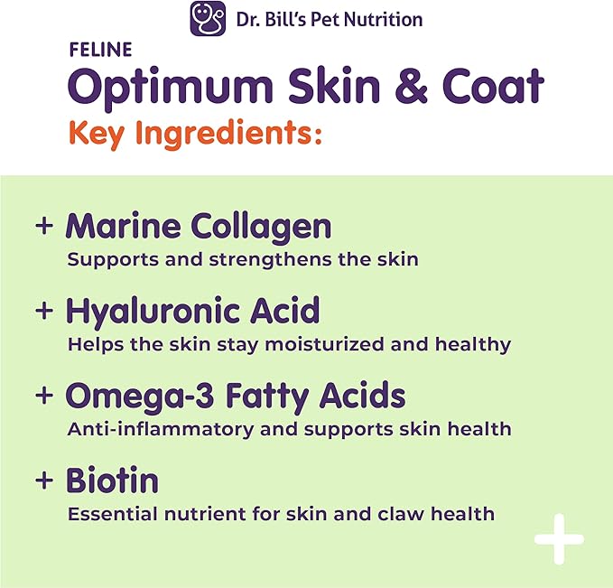 Dr. Bill’s Feline Optimum Skin & Coat – Fish Oil Omega-3 Fatty Acids for Cats Healthy Fur | Reduce Shedding and Hairballs with Biotin, Type I & III Marine Collagen, Hyaluronic Acid, & Folic Acid-PawvioPets