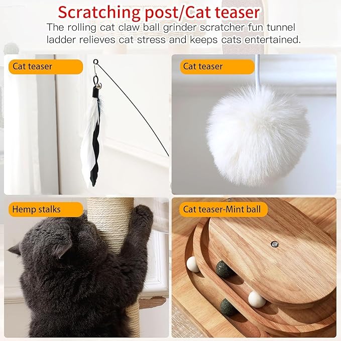 34 Inch Solid Wood Cat Tree Tower with Space Capsule, Hand-Woven Basket Nest, Feather Toy, Hanging Balls, Sisal Posts, 4-Tier Indoor Climbing Cat Tower for Kittens-PawvioPets