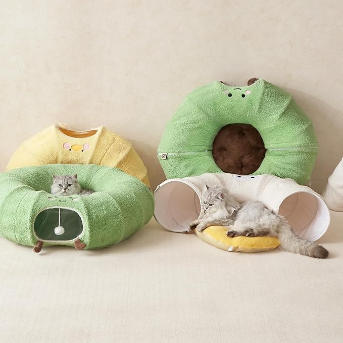 EHEYCIGA Cat Tunnel Bed for Indoor Cats, Cute Cat Donut Toy Tunnel for Small Large Cats with Washable Circle Cushion, Peekaboo Pet Cave Play Tunnel for Kitten, Puppy, Rabbit-PawvioPets
