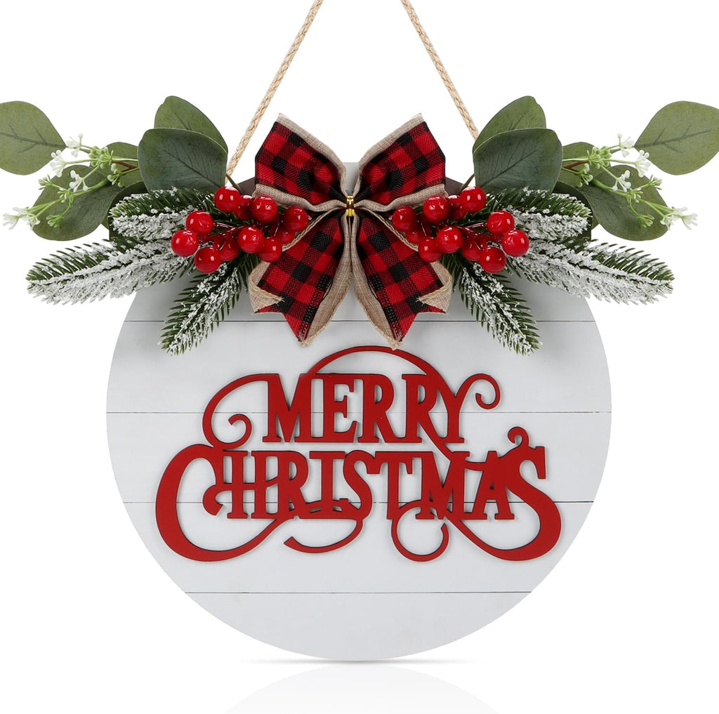 CHDITB Cute Merry Christmas Wooden Front Door Wreath(11.4”x11.4”), Farmhouse 3D Christmas Decor Hanging Sign with Red Plaid Bow Berries Mistletoe, Housewarming Gift for Xmas Winter Holiday New Year