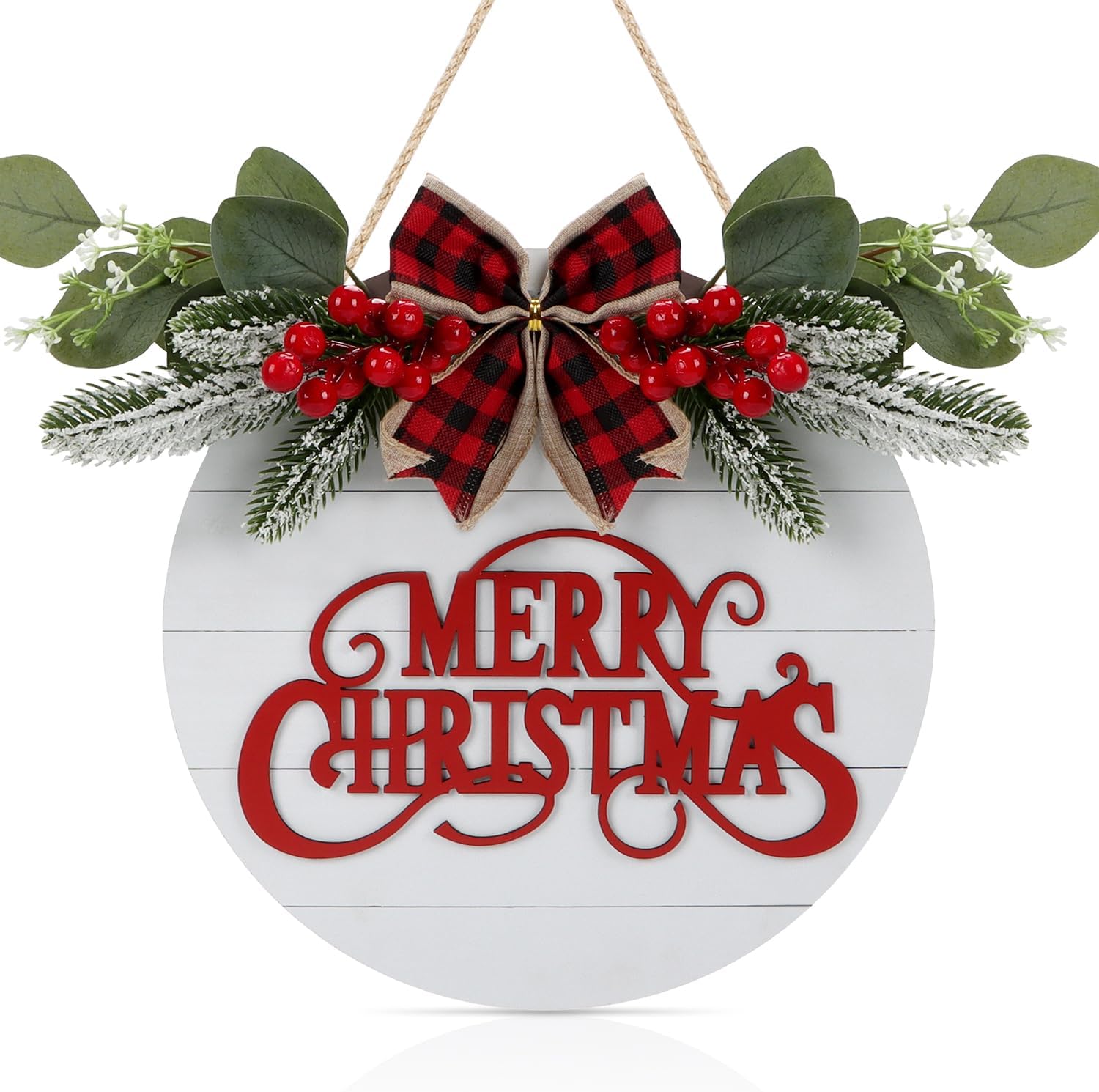 CHDITB Cute Merry Christmas Wooden Front Door Wreath(11.4”x11.4”), Farmhouse 3D Christmas Decor Hanging Sign with Red Plaid Bow Berries Mistletoe, Housewarming Gift for Xmas Winter Holiday New Year