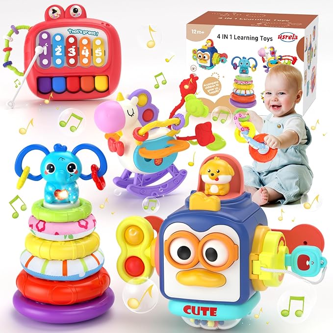 4 in 1 Baby Toys for 6 12 18 Month, Learning Toys for Babies 6-12 Months, Busy Cube, Stacking Sorter, Piano Xylophone Pull String Travel Toy, Birthday Gifts for Toddlers 1 2 Years Old-PawvioPets