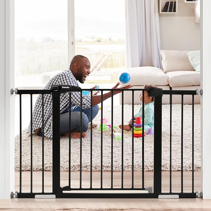 Babelio Metal Baby Gate, 29-48" Auto Close Easy Install Pet Gate, Extra Wide Walk Thru Child Safety Gate, Pressure Mounted Dog Gate for Doorways and Stairs, with Y Spindle Rods, Black-PawvioPets