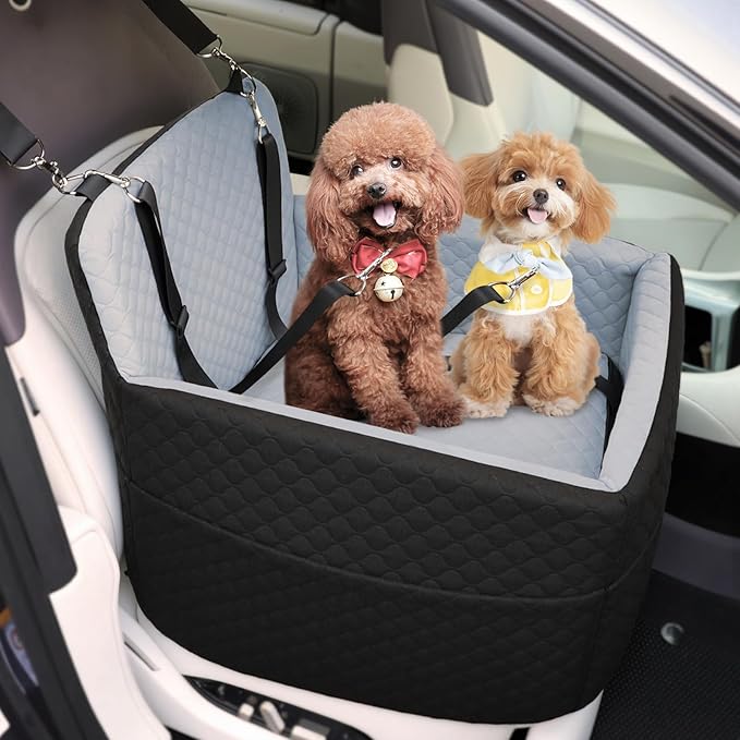 Dog Car Seat for Small & Medium Dogs Under 35lbs, Detachable & Washable Pet Car Seat, Interior Height 6 Inches Pet Travel Bed with Storage Pockets and 2 Dog Safety Belts (Black/Gray)-PawvioPets
