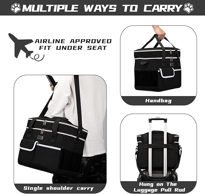 BAGLHER Dog Travel Bag for Supplies - Double-Layer Airline Approved Weekend Pet Travel Organizer Set for Dog and Cat Tote with 2 Pet Food Containers and 2 Collapsible Silicone Bowls Black-PawvioPets