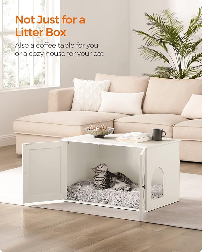 Feandrea Cat Litter Box Enclosure, Litter Box Furniture Hidden with Removable Divider, Indoor Cat House, End Table, 31.5 x 20.9 x 19.7 Inches, White UPCL002W01-PawvioPets